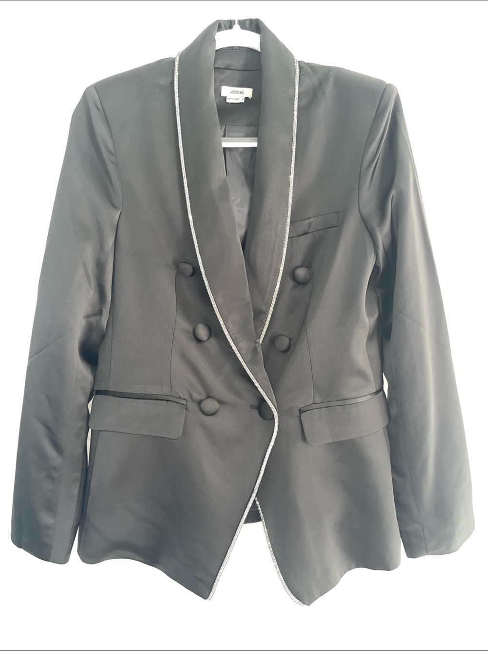Jason Wu Black Double-Breasted Satin Blazer Tuxedo style Rhinestone Trim Sz. M